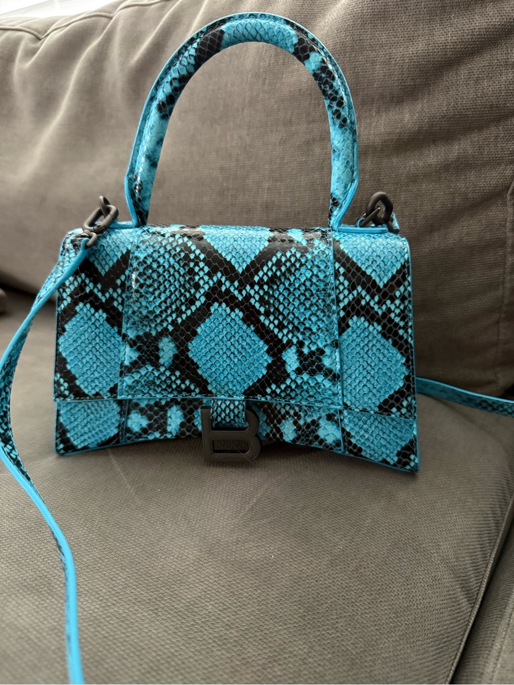 Balenciaga Small Hourglass in an Azur and Black python-effect calfskin leather.
